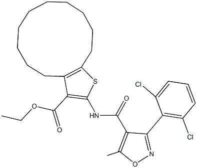 ethyl 2-({[3-(2,6-dichlorophenyl)-5-methyl-4-isoxazolyl]carbonyl}amino)-4,5,6,7,8,9,10,11,12,13-decahydrocyclododeca[b]thiophene-3-carboxylate Struktur