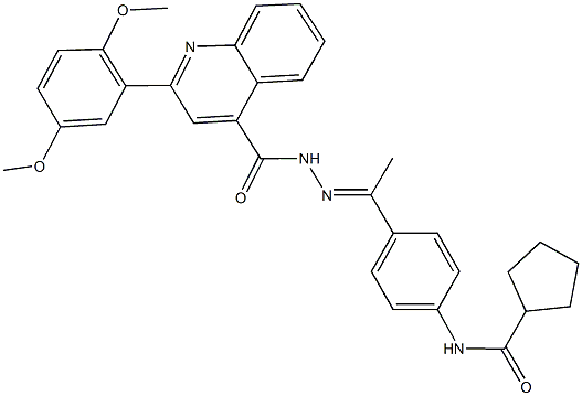 N-[4-(N-{[2-(2,5-dimethoxyphenyl)-4-quinolinyl]carbonyl}ethanehydrazonoyl)phenyl]cyclopentanecarboxamide Struktur