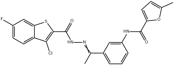 N-(3-{N-[(3-chloro-6-fluoro-1-benzothien-2-yl)carbonyl]ethanehydrazonoyl}phenyl)-5-methyl-2-furamide Struktur