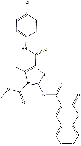 methyl 5-[(4-chloroanilino)carbonyl]-4-methyl-2-{[(2-oxo-2H-chromen-3-yl)carbonyl]amino}-3-thiophenecarboxylate Struktur