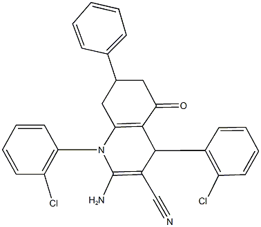 2-amino-1,4-bis(2-chlorophenyl)-5-oxo-7-phenyl-1,4,5,6,7,8-hexahydro-3-quinolinecarbonitrile Struktur