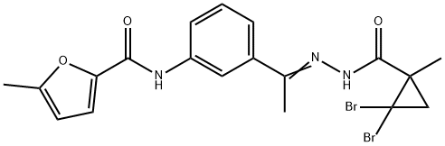 N-(3-{N-[(2,2-dibromo-1-methylcyclopropyl)carbonyl]ethanehydrazonoyl}phenyl)-5-methyl-2-furamide Struktur