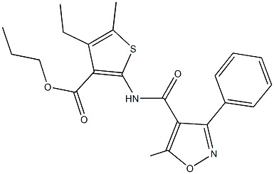 propyl 4-ethyl-5-methyl-2-{[(5-methyl-3-phenyl-4-isoxazolyl)carbonyl]amino}-3-thiophenecarboxylate Struktur