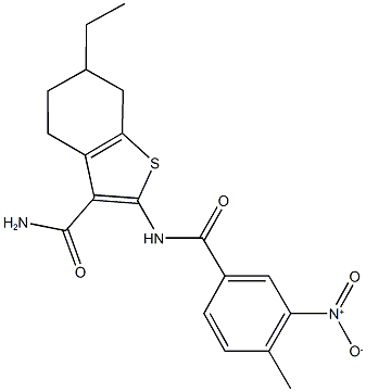 6-ethyl-2-({3-nitro-4-methylbenzoyl}amino)-4,5,6,7-tetrahydro-1-benzothiophene-3-carboxamide Struktur