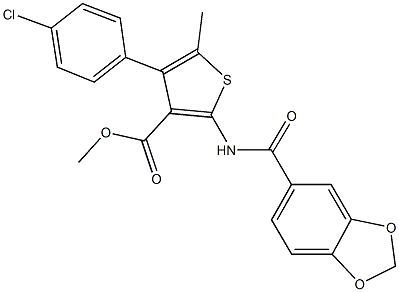 methyl 2-[(1,3-benzodioxol-5-ylcarbonyl)amino]-4-(4-chlorophenyl)-5-methylthiophene-3-carboxylate Struktur