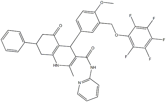 4-{4-methoxy-3-[(2,3,4,5,6-pentafluorophenoxy)methyl]phenyl}-2-methyl-5-oxo-7-phenyl-N-pyridin-2-yl-1,4,5,6,7,8-hexahydroquinoline-3-carboxamide Struktur