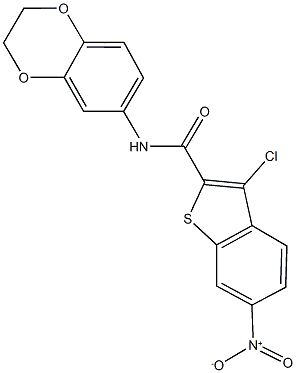 3-chloro-N-(2,3-dihydro-1,4-benzodioxin-6-yl)-6-nitro-1-benzothiophene-2-carboxamide Struktur