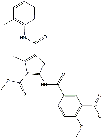 methyl 2-({3-nitro-4-methoxybenzoyl}amino)-4-methyl-5-(2-toluidinocarbonyl)-3-thiophenecarboxylate Struktur