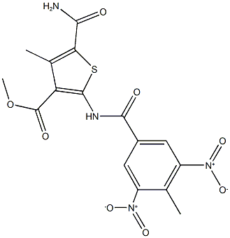 methyl 5-(aminocarbonyl)-2-({3,5-bisnitro-4-methylbenzoyl}amino)-4-methylthiophene-3-carboxylate Struktur