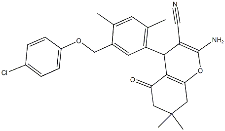 2-amino-4-{5-[(4-chlorophenoxy)methyl]-2,4-dimethylphenyl}-7,7-dimethyl-5-oxo-5,6,7,8-tetrahydro-4H-chromene-3-carbonitrile Struktur