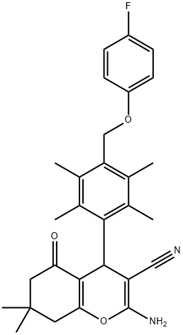 2-amino-4-{4-[(4-fluorophenoxy)methyl]-2,3,5,6-tetramethylphenyl}-7,7-dimethyl-5-oxo-5,6,7,8-tetrahydro-4H-chromene-3-carbonitrile Struktur