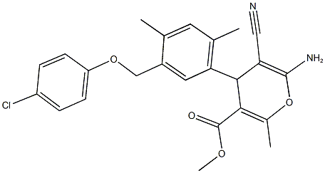 methyl 6-amino-4-{5-[(4-chlorophenoxy)methyl]-2,4-dimethylphenyl}-5-cyano-2-methyl-4H-pyran-3-carboxylate Struktur