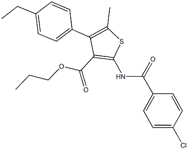 propyl 2-[(4-chlorobenzoyl)amino]-4-(4-ethylphenyl)-5-methyl-3-thiophenecarboxylate Struktur