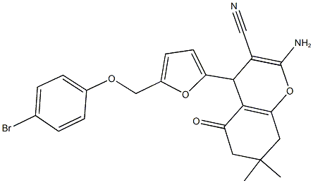 2-amino-4-{5-[(4-bromophenoxy)methyl]-2-furyl}-7,7-dimethyl-5-oxo-5,6,7,8-tetrahydro-4H-chromene-3-carbonitrile Struktur