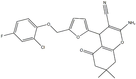 2-amino-4-{5-[(2-chloro-4-fluorophenoxy)methyl]-2-furyl}-7,7-dimethyl-5-oxo-5,6,7,8-tetrahydro-4H-chromene-3-carbonitrile Struktur