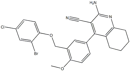 2-amino-4-{3-[(2-bromo-4-chlorophenoxy)methyl]-4-methoxyphenyl}-5,6,7,8-tetrahydro-3-quinolinecarbonitrile Struktur