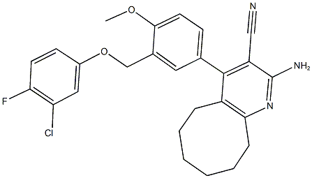 2-amino-4-{3-[(3-chloro-4-fluorophenoxy)methyl]-4-methoxyphenyl}-5,6,7,8,9,10-hexahydrocycloocta[b]pyridine-3-carbonitrile Struktur