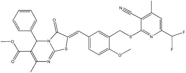 methyl 2-[3-({[3-cyano-6-(difluoromethyl)-4-methyl-2-pyridinyl]sulfanyl}methyl)-4-methoxybenzylidene]-7-methyl-3-oxo-5-phenyl-2,3-dihydro-5H-[1,3]thiazolo[3,2-a]pyrimidine-6-carboxylate Struktur