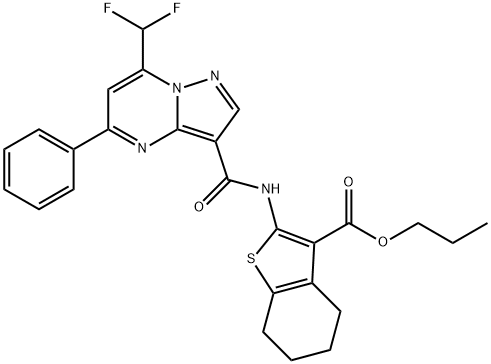 propyl 2-({[7-(difluoromethyl)-5-phenylpyrazolo[1,5-a]pyrimidin-3-yl]carbonyl}amino)-4,5,6,7-tetrahydro-1-benzothiophene-3-carboxylate Struktur