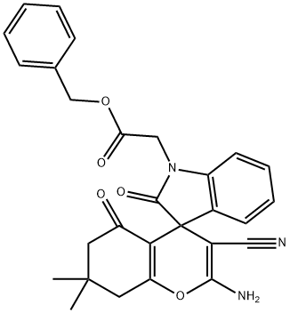 benzyl (2'-amino-3'-cyano-2-oxo-7',7'-dimethyl-2,3,5',6',7',8'-hexahydro-5'-oxospiro[1H-indole-3,4'-(4'H)-chromene]-1-yl)acetate Struktur