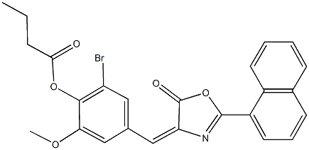 2-bromo-6-methoxy-4-[(2-(1-naphthyl)-5-oxo-1,3-oxazol-4(5H)-ylidene)methyl]phenyl butyrate Struktur