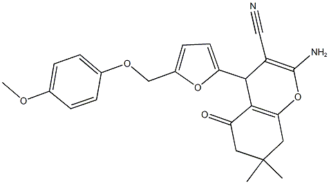 2-amino-4-{5-[(4-methoxyphenoxy)methyl]-2-furyl}-7,7-dimethyl-5-oxo-5,6,7,8-tetrahydro-4H-chromene-3-carbonitrile Struktur