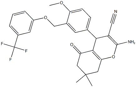 2-amino-4-(4-methoxy-3-{[3-(trifluoromethyl)phenoxy]methyl}phenyl)-7,7-dimethyl-5-oxo-5,6,7,8-tetrahydro-4H-chromene-3-carbonitrile Struktur