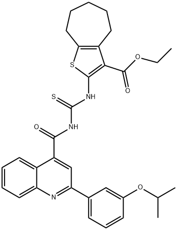 ethyl 2-{[({[2-(3-isopropoxyphenyl)-4-quinolinyl]carbonyl}amino)carbothioyl]amino}-5,6,7,8-tetrahydro-4H-cyclohepta[b]thiophene-3-carboxylate Struktur