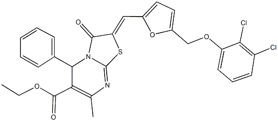 ethyl 2-({5-[(2,3-dichlorophenoxy)methyl]-2-furyl}methylene)-7-methyl-3-oxo-5-phenyl-2,3-dihydro-5H-[1,3]thiazolo[3,2-a]pyrimidine-6-carboxylate Struktur