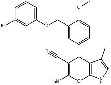 6-amino-4-{3-[(3-bromophenoxy)methyl]-4-methoxyphenyl}-3-methyl-1,4-dihydropyrano[2,3-c]pyrazole-5-carbonitrile Struktur