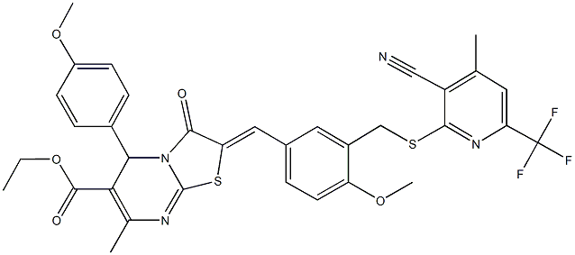 ethyl 2-[3-({[3-cyano-4-methyl-6-(trifluoromethyl)-2-pyridinyl]sulfanyl}methyl)-4-methoxybenzylidene]-5-(4-methoxyphenyl)-7-methyl-3-oxo-2,3-dihydro-5H-[1,3]thiazolo[3,2-a]pyrimidine-6-carboxylate Struktur