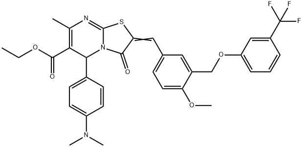 ethyl 5-[4-(dimethylamino)phenyl]-2-(4-methoxy-3-{[3-(trifluoromethyl)phenoxy]methyl}benzylidene)-7-methyl-3-oxo-2,3-dihydro-5H-[1,3]thiazolo[3,2-a]pyrimidine-6-carboxylate Struktur