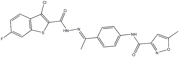 N-(4-{N-[(3-chloro-6-fluoro-1-benzothien-2-yl)carbonyl]ethanehydrazonoyl}phenyl)-5-methyl-3-isoxazolecarboxamide Struktur