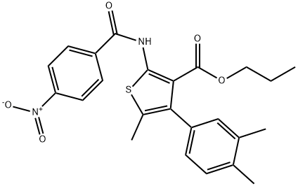 propyl 4-(3,4-dimethylphenyl)-2-({4-nitrobenzoyl}amino)-5-methyl-3-thiophenecarboxylate Struktur