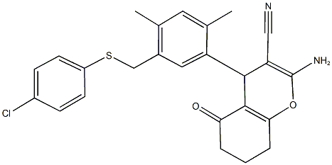 2-amino-4-(5-{[(4-chlorophenyl)sulfanyl]methyl}-2,4-dimethylphenyl)-5-oxo-5,6,7,8-tetrahydro-4H-chromene-3-carbonitrile Struktur