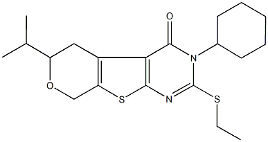 3-cyclohexyl-2-(ethylsulfanyl)-6-isopropyl-3,5,6,8-tetrahydro-4H-pyrano[4',3':4,5]thieno[2,3-d]pyrimidin-4-one Struktur