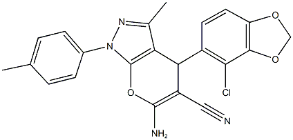 6-amino-4-(4-chloro-1,3-benzodioxol-5-yl)-3-methyl-1-(4-methylphenyl)-1,4-dihydropyrano[2,3-c]pyrazole-5-carbonitrile Struktur