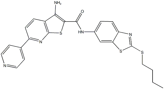 3-amino-N-[2-(butylsulfanyl)-1,3-benzothiazol-6-yl]-6-(4-pyridinyl)thieno[2,3-b]pyridine-2-carboxamide Struktur