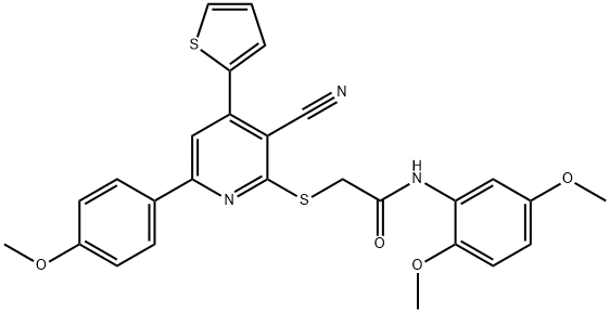 2-{[3-cyano-6-(4-methoxyphenyl)-4-(2-thienyl)-2-pyridinyl]sulfanyl}-N-(2,5-dimethoxyphenyl)acetamide Struktur