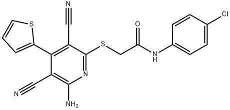 2-{[6-amino-3,5-dicyano-4-(2-thienyl)-2-pyridinyl]sulfanyl}-N-(4-chlorophenyl)acetamide Struktur