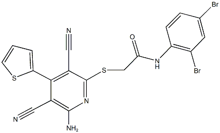 2-{[6-amino-3,5-dicyano-4-(2-thienyl)-2-pyridinyl]sulfanyl}-N-(2,4-dibromophenyl)acetamide Struktur