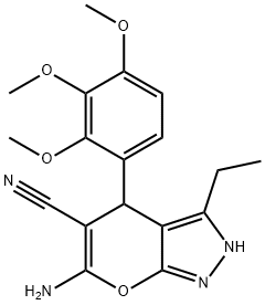 6-amino-3-ethyl-4-[2,3,4-tris(methyloxy)phenyl]-2,4-dihydropyrano[2,3-c]pyrazole-5-carbonitrile Struktur