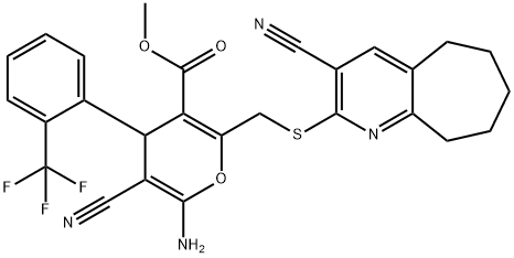 methyl 6-amino-5-cyano-2-{[(3-cyano-6,7,8,9-tetrahydro-5H-cyclohepta[b]pyridin-2-yl)sulfanyl]methyl}-4-[2-(trifluoromethyl)phenyl]-4H-pyran-3-carboxylate Struktur