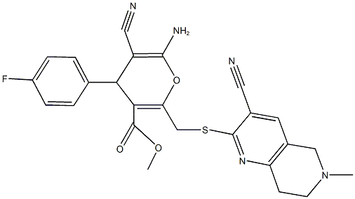 methyl 6-amino-5-cyano-2-{[(3-cyano-6-methyl-5,6,7,8-tetrahydro[1,6]naphthyridin-2-yl)sulfanyl]methyl}-4-(4-fluorophenyl)-4H-pyran-3-carboxylate Struktur