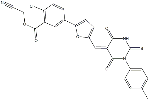 cyanomethyl 2-chloro-5-{5-[(1-(4-methylphenyl)-4,6-dioxo-2-thioxotetrahydro-5(2H)-pyrimidinylidene)methyl]-2-furyl}benzoate Struktur