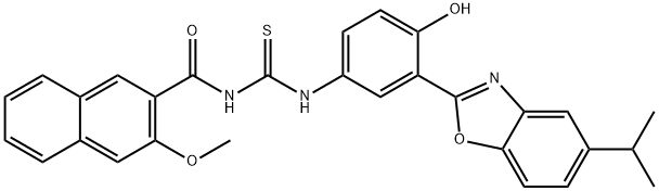 N-[4-hydroxy-3-(5-isopropyl-1,3-benzoxazol-2-yl)phenyl]-N'-(3-methoxy-2-naphthoyl)thiourea Struktur