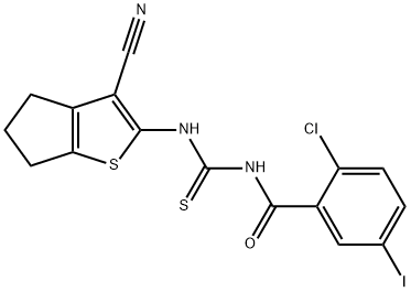 N-(2-chloro-5-iodobenzoyl)-N'-(3-cyano-5,6-dihydro-4H-cyclopenta[b]thien-2-yl)thiourea Struktur