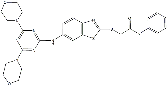 2-({6-[(4,6-dimorpholin-4-yl-1,3,5-triazin-2-yl)amino]-1,3-benzothiazol-2-yl}sulfanyl)-N-phenylacetamide Struktur