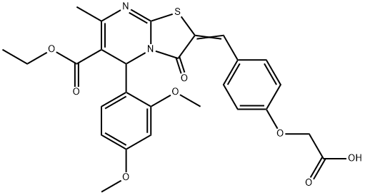 {4-[(5-(2,4-dimethoxyphenyl)-6-(ethoxycarbonyl)-7-methyl-3-oxo-5H-[1,3]thiazolo[3,2-a]pyrimidin-2(3H)-ylidene)methyl]phenoxy}acetic acid Struktur