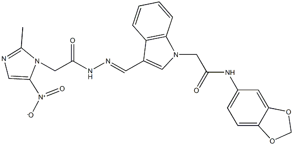 N-(1,3-benzodioxol-5-yl)-2-{3-[2-({5-nitro-2-methyl-1H-imidazol-1-yl}acetyl)carbohydrazonoyl]-1H-indol-1-yl}acetamide Struktur